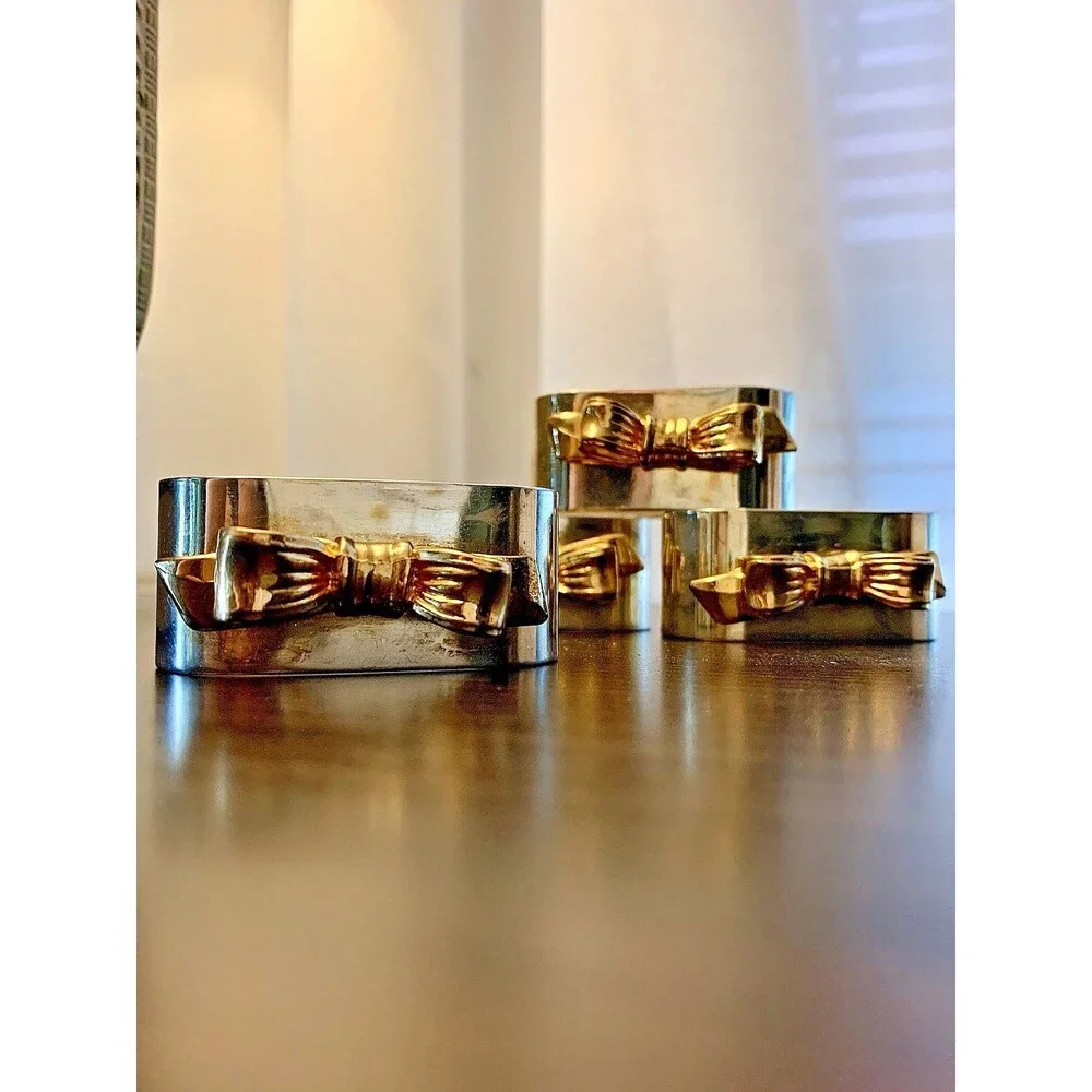 Vintage Regal Quality Silver Plated Napkin Rings Gold Bow Set of 4 Hong Kong